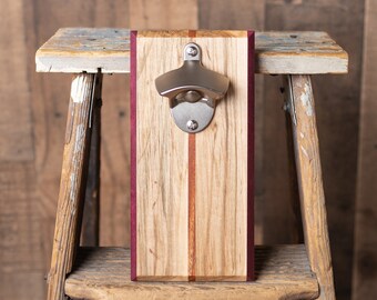 Bottle Opener Magnetic Cap Catch - Handcrafted Purpleheart/Maple/Mahogany with Satin Opener (No Personalization)