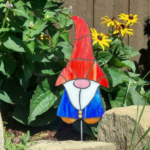 Mosaic Garden Gnome in Blue and Red