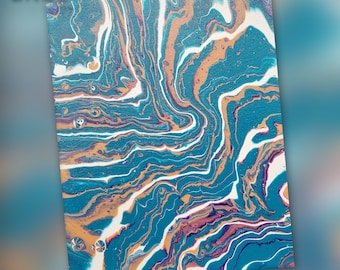 May include: Abstract painting on canvas with swirling patterns in shades of teal, white, gold, and purple. The painting is 8x10 inches.