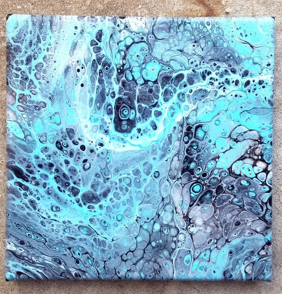 8 x 8 Blue, Black, and White / Acrylic Paint Pour on Canvas / Abstract /  Free Shipping / Wall Hanging