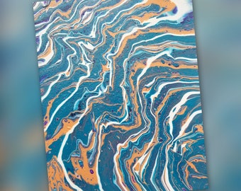 May include: Abstract painting with swirling blue, white, and orange colors. The painting has a fluid, organic look and is reminiscent of water or marble.