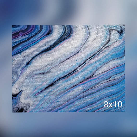 8x10 in. Wall art Silver Blue Home decor Wall decor Purple White Abstract Acrylic Pour Painting on Canvas Original Fluid Art