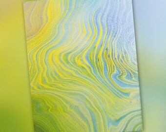 May include: Abstract painting with swirling yellow, green, and blue lines. The painting is 8x10 inches.
