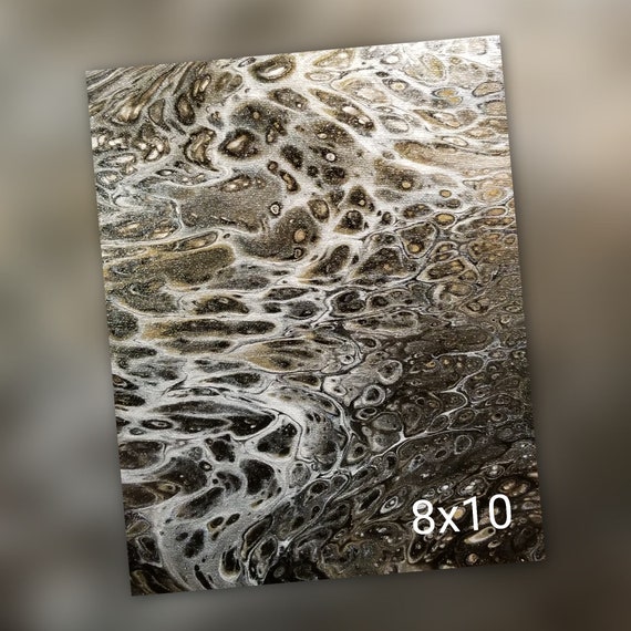 8 x 10 Gold, Black, and White / Acrylic Paint Pour on Canvas / Abstract /  Free Shipping / Wall Hanging