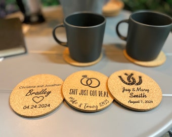 Personalized Cork Coasters, Monogrammed Drink Coaster, Round Beverage Coaster, Housewarming Gift, Engraved Party Favors, Wedding Coasters