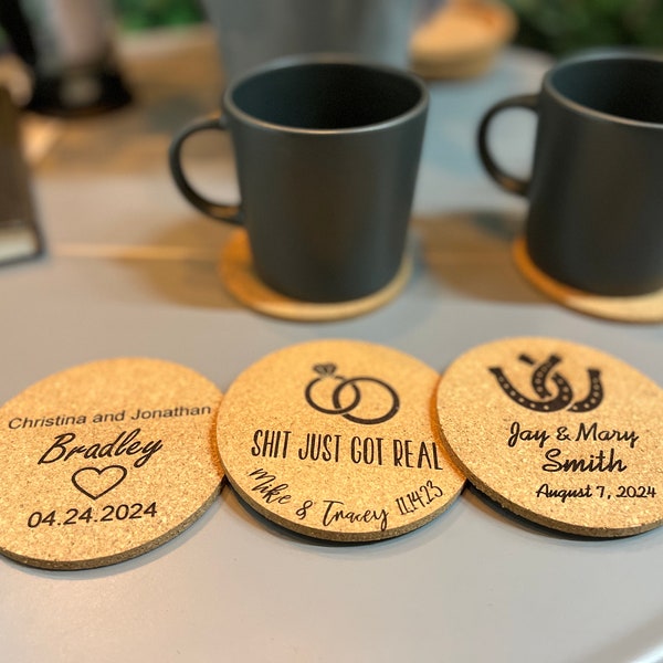 Personalized Cork Coasters, Monogrammed Drink Coaster, Round Beverage Coaster, Housewarming Gift, Engraved Party Favors, Wedding Coasters