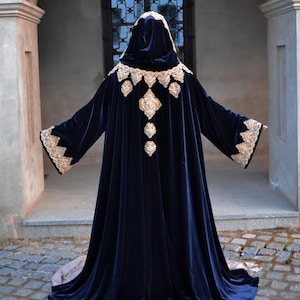 Royal Blue Velvet Hooded Cape with Sleeves – Gold Embroidered Lace – Fantasy Cloak for Wedding, Cosplay, Halloween, Renaissance