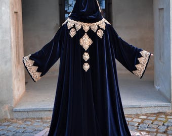 Royal Blue Velvet Hooded Cape with Sleeves – Gold Embroidered Lace – Fantasy Cloak for Wedding, Cosplay, Halloween, Renaissance