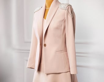 Damen Anzug Set Businessanzug Stylischer Anzug Kleid und Jacke Rosa Anzug Damenanzug Hochzeitsanzug