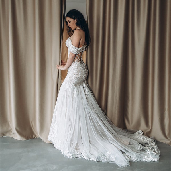 Bridal gown, Mermaid wedding dress, Elegant Ivory Off-Shoulder Wedding Gown with Lace, Bead Embroidery - Luxurious Bridal Dress Long Train