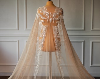 Sequin bridal tulle cape Wedding shawl Bridal cape veil Hooded cloak Bride cloak Custom cape Bride cape Wedding dress cape  Sequin cape