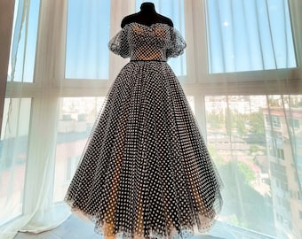 Evening dress fluffy skirt Ball gown Polka-dot dress Off shoulder dress Shiny midi lenght dress Princess's dress With lacing at the back