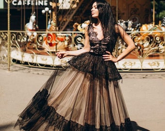 Black ball gown Black lace gown Black formal gown long evening dress Black bridal gown Extravagant dress Avant garde dress Gothic dress