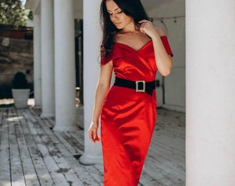 Red evening dress Formal women midi gown Off shoulders dress Birthday dress Dress with belt Dress for any party or event