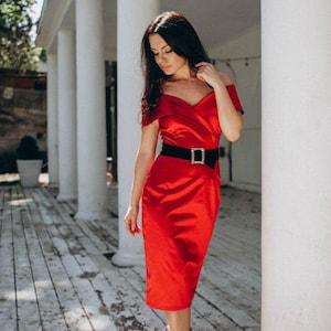 Red evening dress Formal women midi gown Off shoulders dress Birthday dress Dress with belt Dress for any party or event image 1