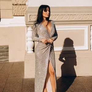 Long sleeve evening dress Silver & Gray sequin gown Long evening gown Formal for women Slit dress Dress for New Year Silver evening dress image 1