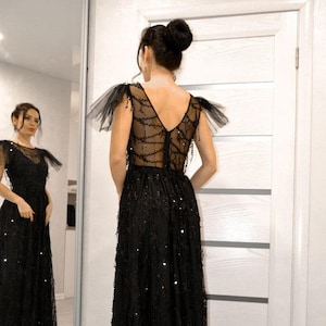 Black evening gown Black lace dress Formal evening dress Black ball gown Gothic dress Gowns for women Sequin evening dress Black party dress