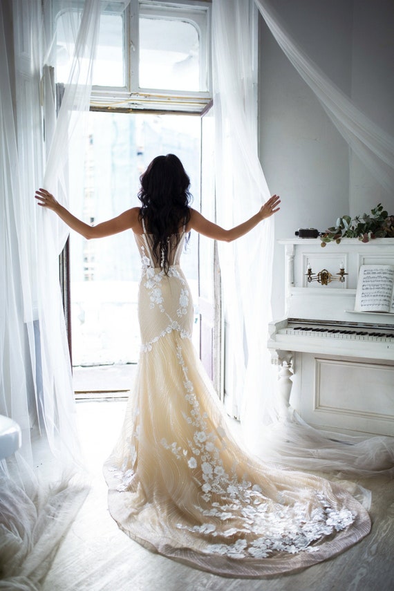 Mermaid Bridal Gown Wedding Dress With Train Lace Open Back Dress Bohemian Dress Unique Wedding Dress Custom Wedding Royal Dress Etsy Denmark