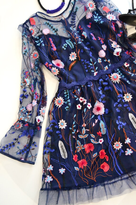 Evening dress lace Evening gown Short Navy blue lace dress Gowns for women lace cocktail dress Romantic dress fabric flowers