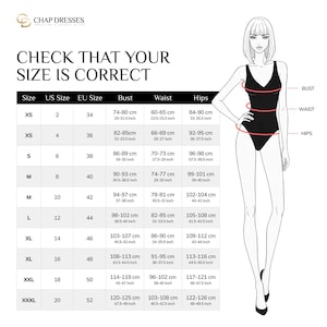 May include: A size chart by Chap Dresses titled CHECK THAT YOUR SIZE IS CORRECT, featuring a table with columns for size, US size, EU size, bust, waist, and hips in inches and cm, alongside a line drawing of a figure in a black bodysuit.