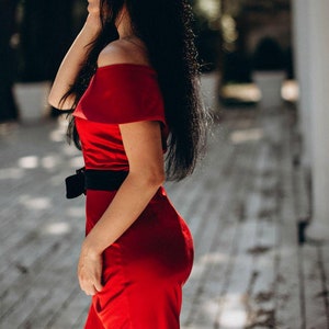 Red evening dress Formal women midi gown Off shoulders dress Birthday dress Dress with belt Dress for any party or event image 4