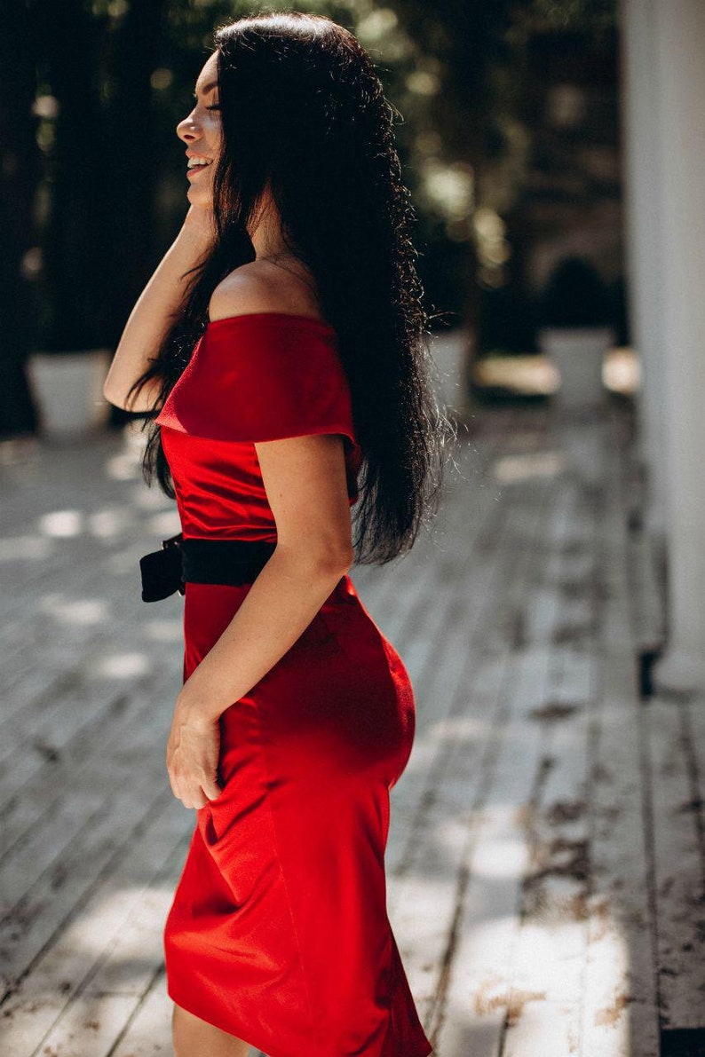 Red evening dress Formal women midi gown Off shoulders dress Birthday dress Dress with belt Dress for any party or event image 4