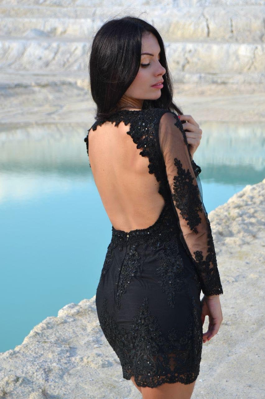 romance language black backless lace dress Chic Black Lace Dress - Backless Lace Dress -Open Back Dress