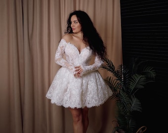 Lace Mini Wedding Dress: Short Elopement Bridal Gown, Handmade Bubble Skirt, Long Sleeves