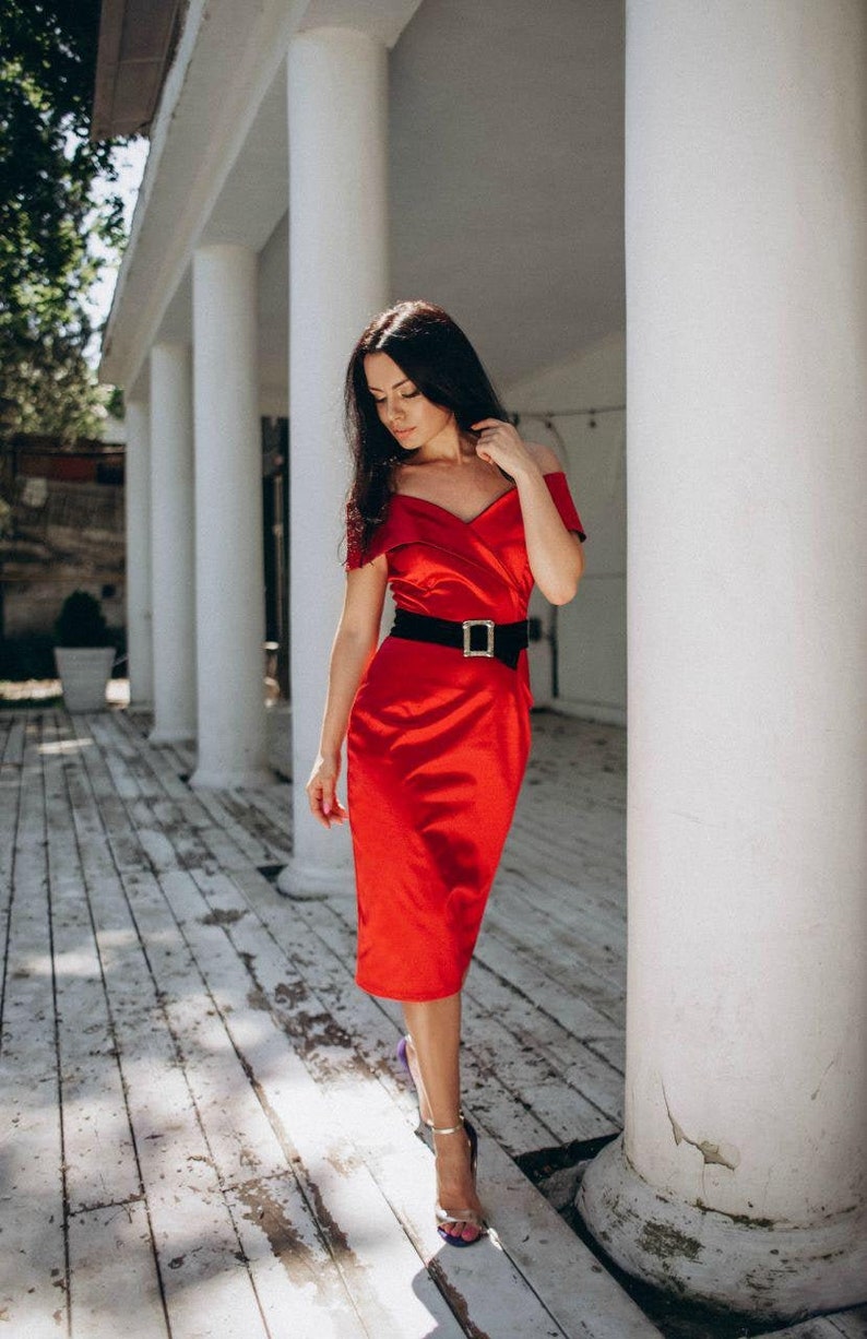Red evening dress Formal women midi gown Off shoulders dress Birthday dress Dress with belt Dress for any party or event image 1