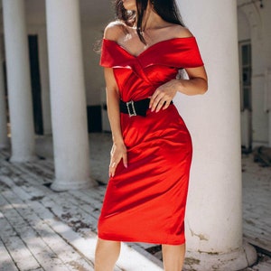 Red evening dress Formal women midi gown Off shoulders dress Birthday dress Dress with belt Dress for any party or event image 2