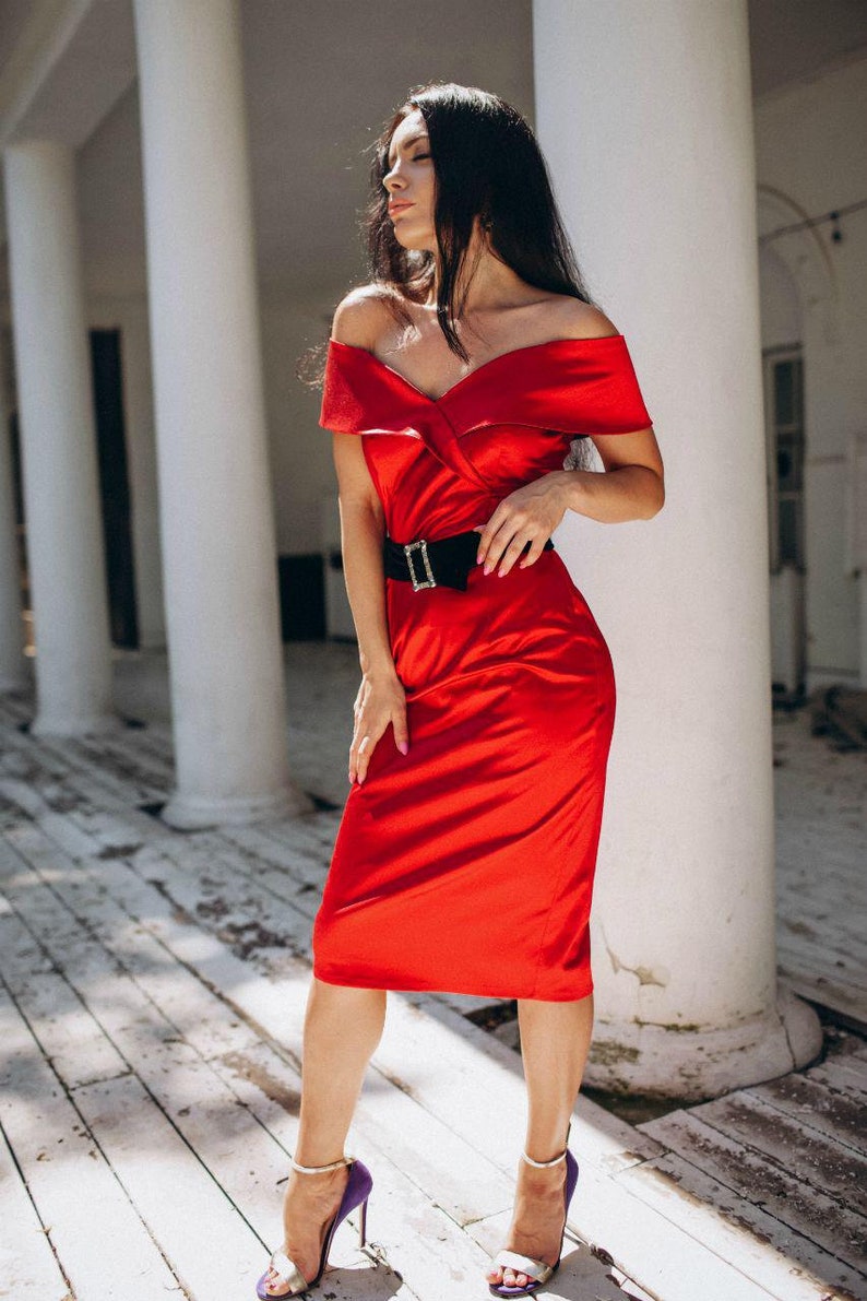 Red evening dress Formal women midi gown Off shoulders dress Birthday dress Dress with belt Dress for any party or event image 2