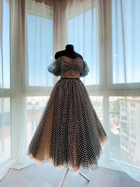 Evening Dress Fluffy Skirt Ball Gown Polka-Dot Dress Off Shoulder Dress Shiny Midi Lenght Dress Princess's Dress with Lacing at The Back