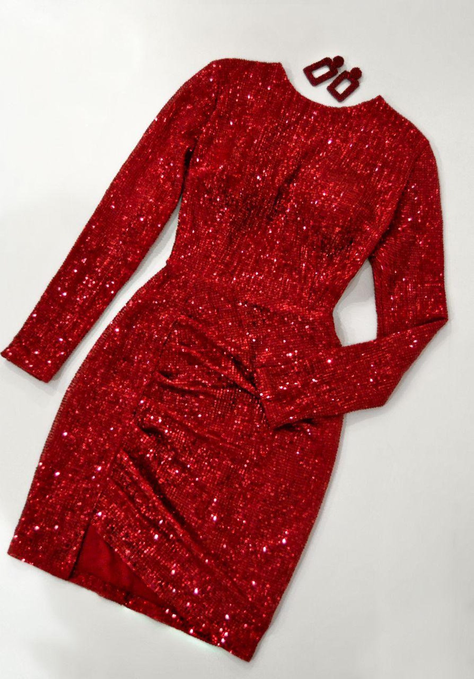 Black Sequin Cup Long Sleeve Dress