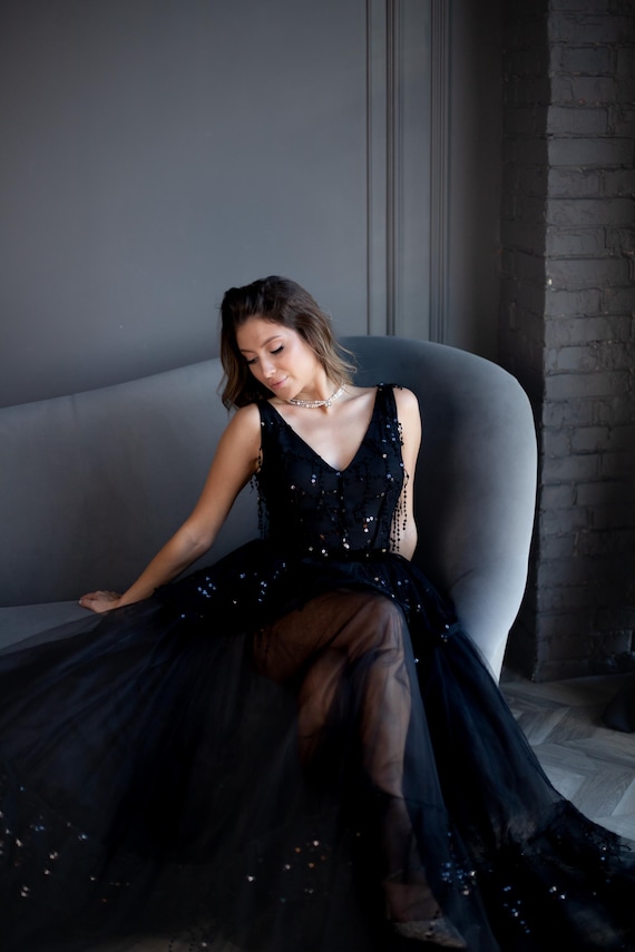 Black Evening Gown - Long Formal Dress, Prom Dress , Gothic Style Plus Size- Elegant Goddess Look