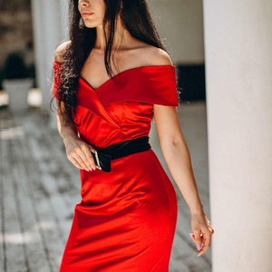 Red evening dress Formal women midi gown Off shoulders dress Birthday dress Dress with belt Dress for any party or event image 3