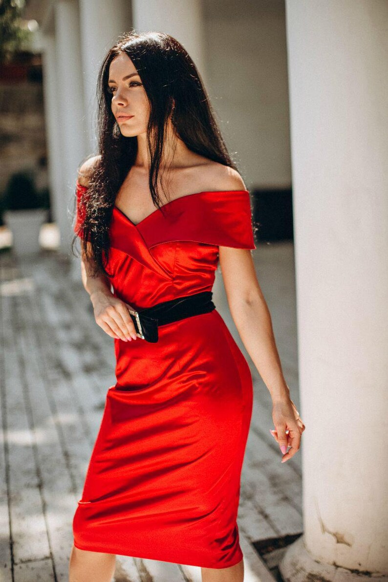 Red evening dress Formal women midi gown Off shoulders dress Birthday dress Dress with belt Dress for any party or event image 3