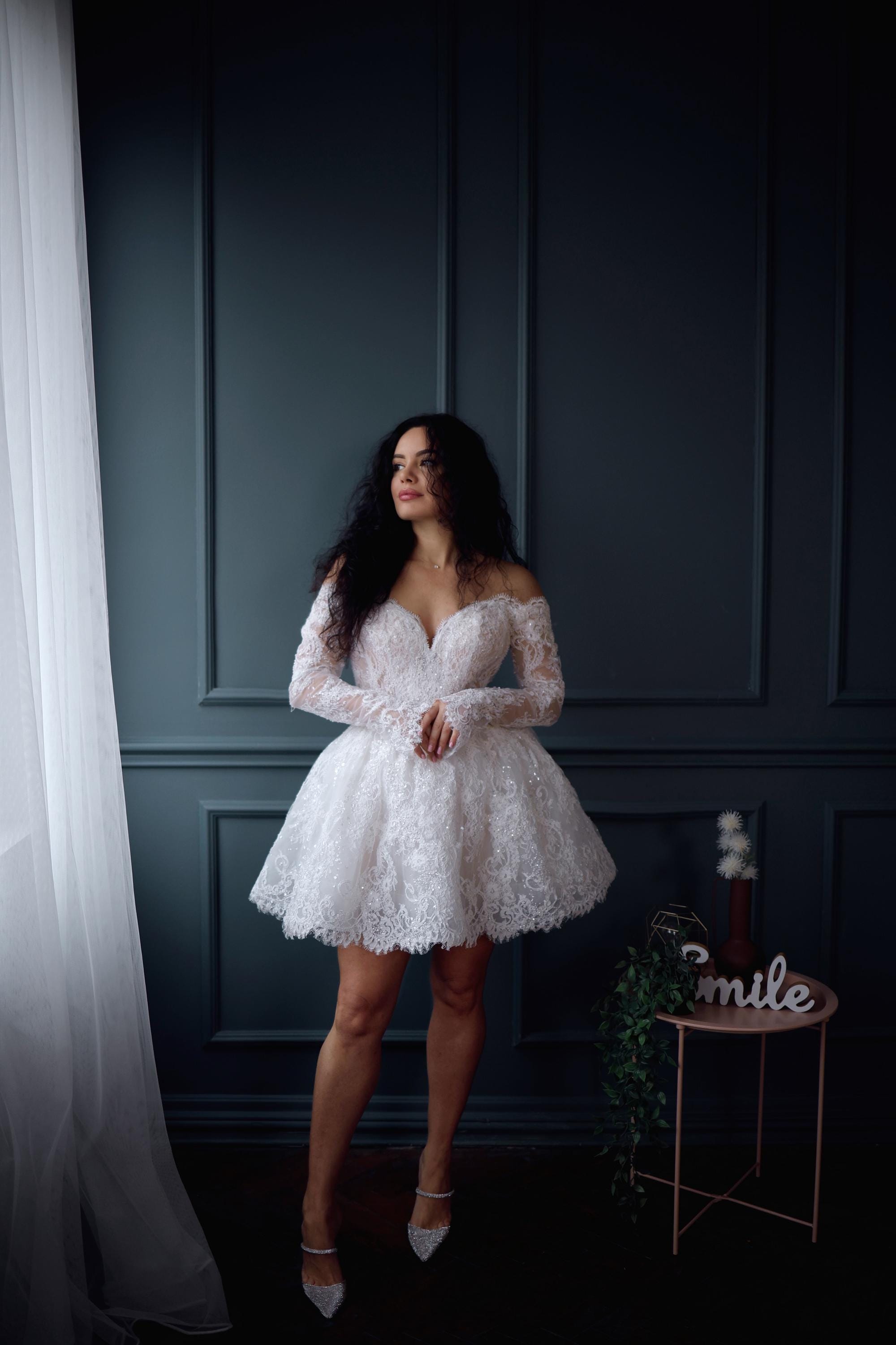 Lace Mini Wedding Dress: Short Elopement Bridal Gown, Handmade Bubble Skirt, long sleeves