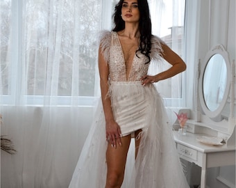 Bridal shower dress Beach wedding dress Sexy wedding dress Custom wedding dress Wedding gown with feathers with detachable train