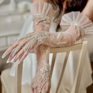 Wedding gloves Long bridal gloves Sheer tulle gloves Sequin gloves cutom gloves Opera gloves Handmade gloves lace bridal gloves