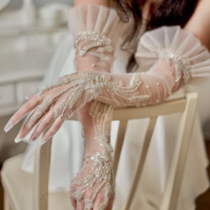 Wedding gloves Long bridal gloves Sheer tulle gloves Sequin gloves cutom gloves Opera gloves Handmade gloves lace bridal gloves