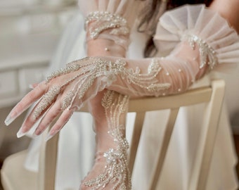 Wedding gloves Long bridal gloves Sheer tulle gloves Sequin gloves cutom gloves Opera gloves Handmade gloves lace bridal gloves