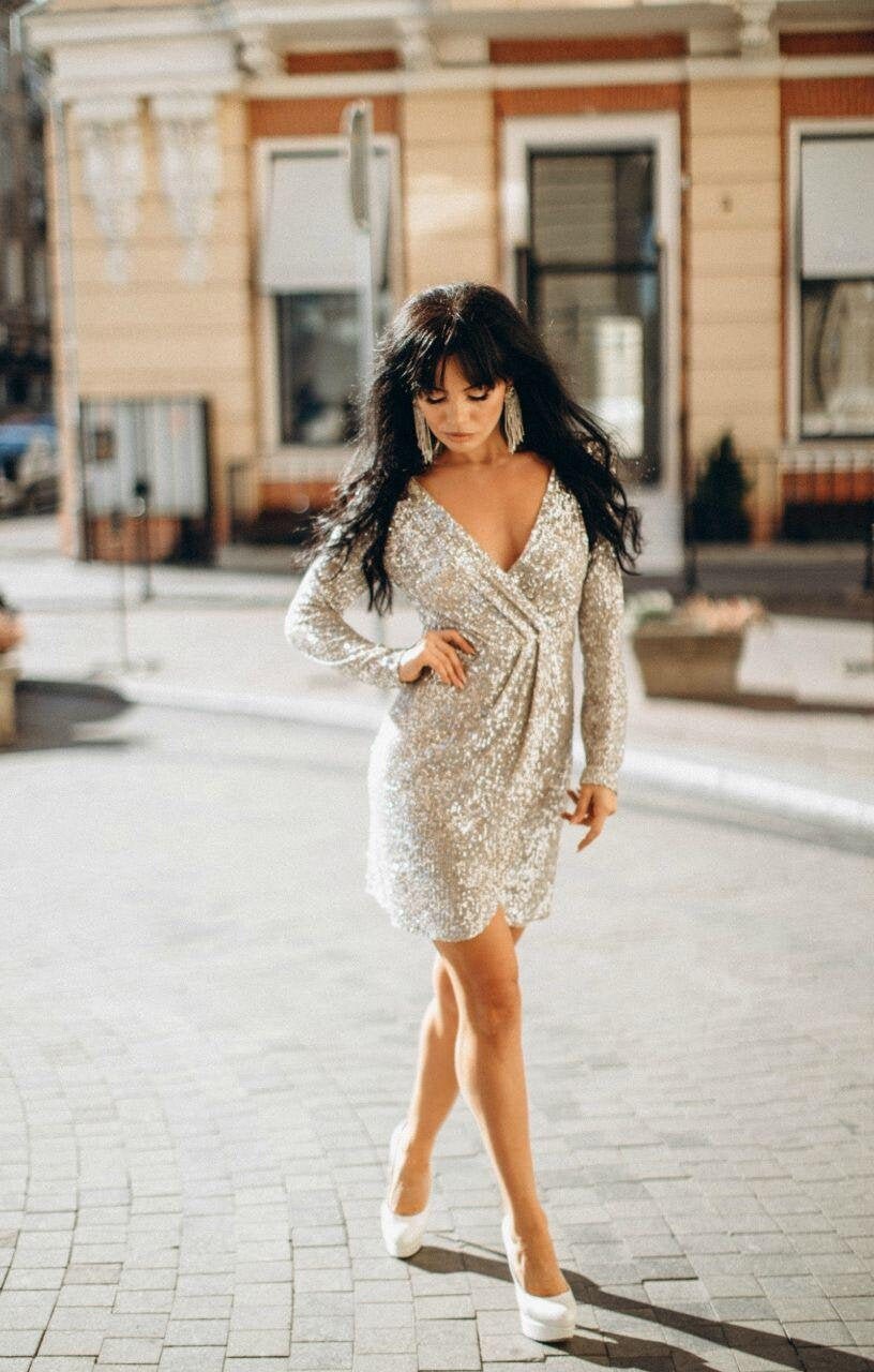 Long Sleeve Evening Dress Sequin Formal Gown Stylish Mid-length Dress  Sequin Wedding Dress Short Evening Dress Silver Evening Gown Midi - Etsy