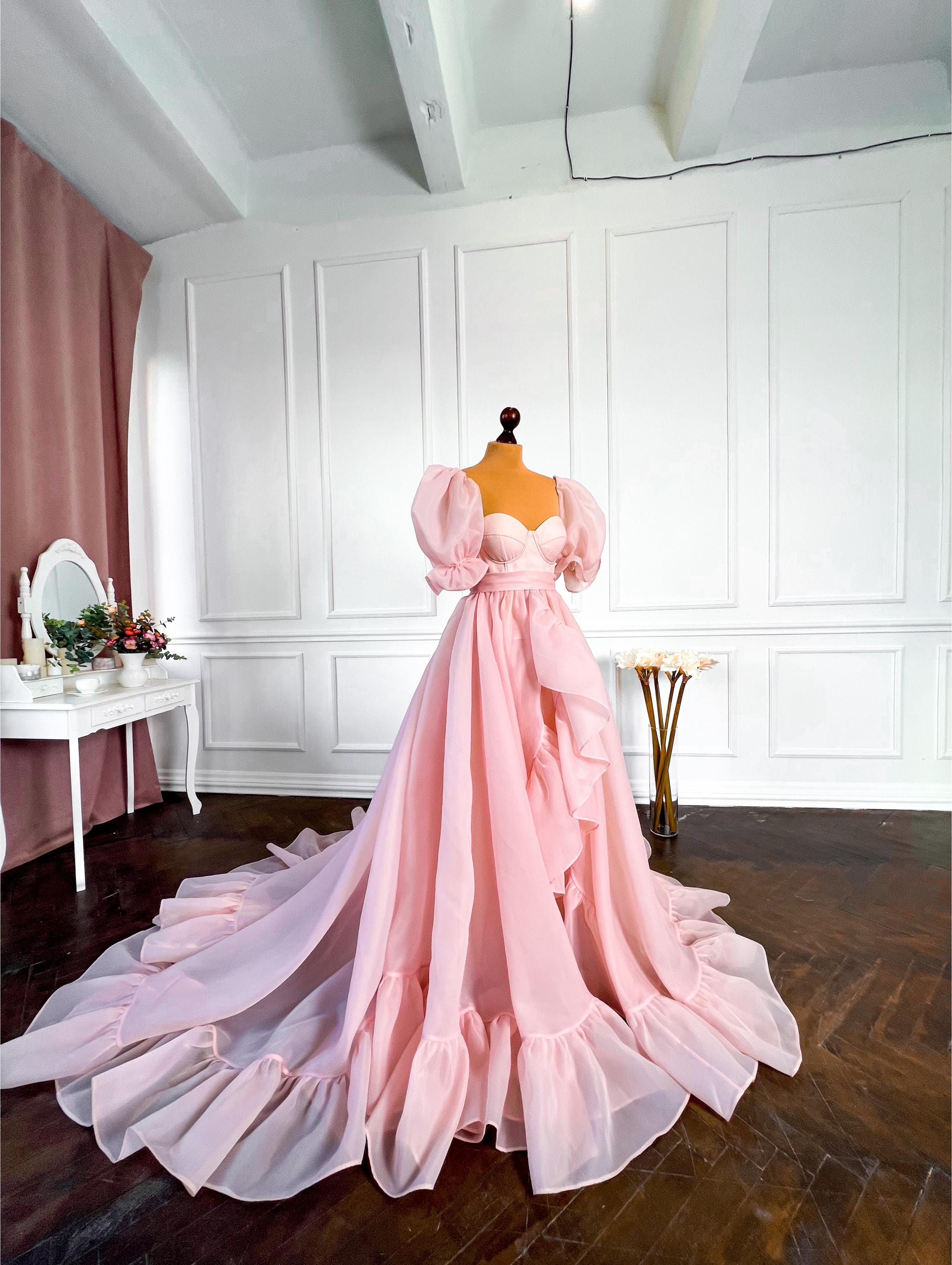 open lace back dress Rent Pink and Blue Organza Multi Layered Gowns Online main image 1