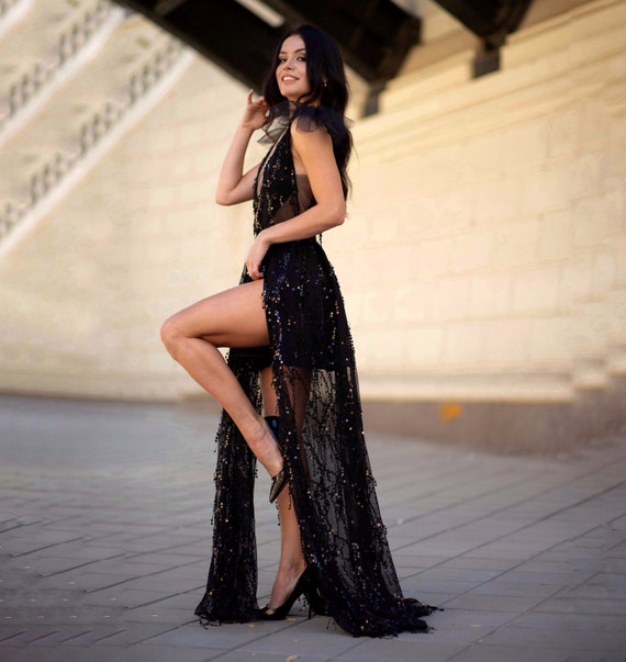 Samantha Sequin V Neck Dress Black