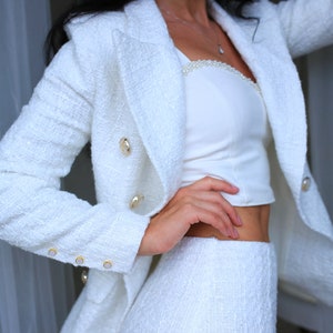 Style suit White wedding Tweed jacket women Business suit Two piece suit Bridal suit White blazer Original costum image 10