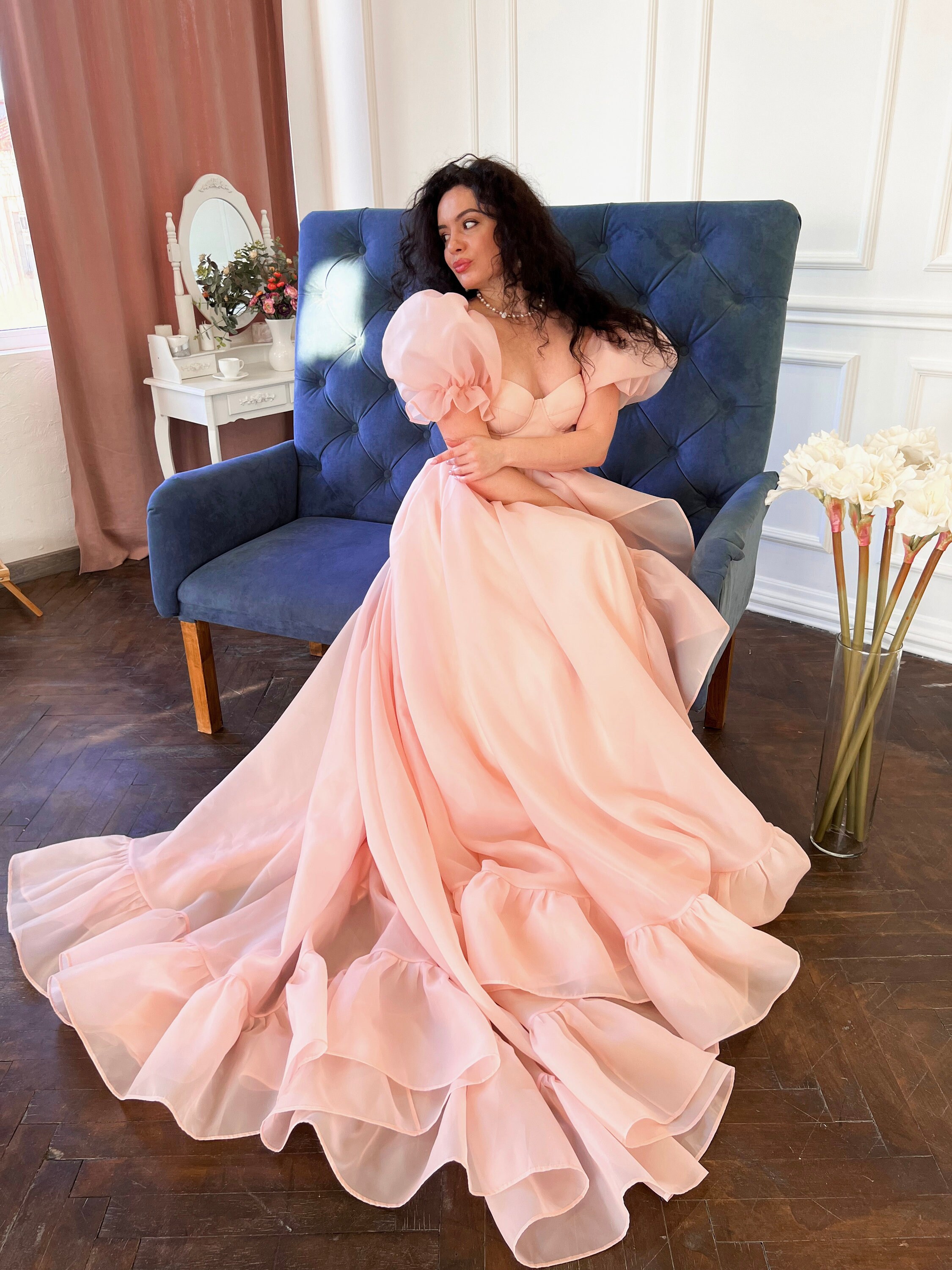pink organza wedding dress MillyBridal Trumpet/Mermaid Sweetheart Organza Court Train Wedding Dresses With Cascading Ruffles
