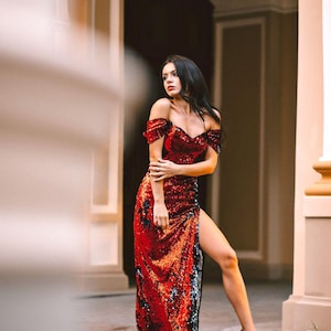 Red evening gown Slit evening dress Long sequin dress for women long shiny gown Sparkly evening gown Bohemian dress long gown Red party
