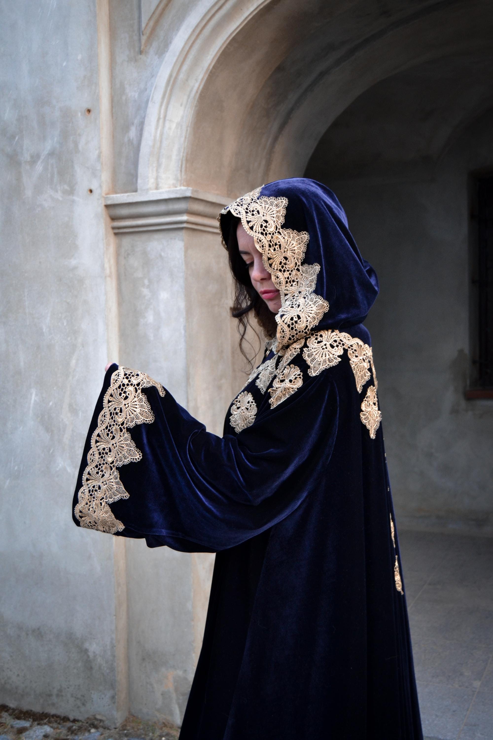 Royal Blue Velvet Hooded Cape With Sleeves – Gold Embroidered Lace