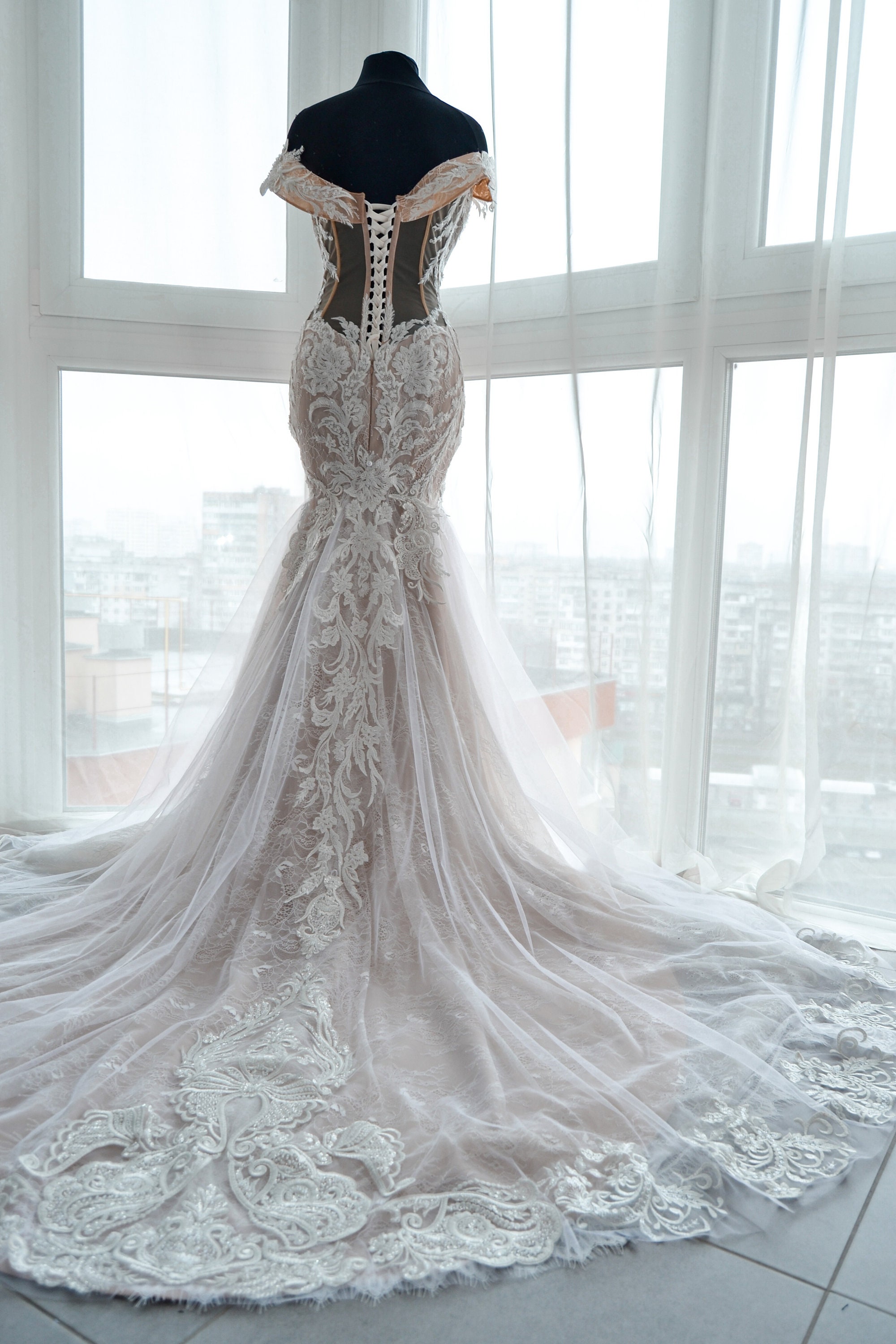beach wedding dresses mermaid style Champagne Lace Applique Mermaid Weeding Dress with Spaghetti Straps, Deep V-Neck, and Court Train