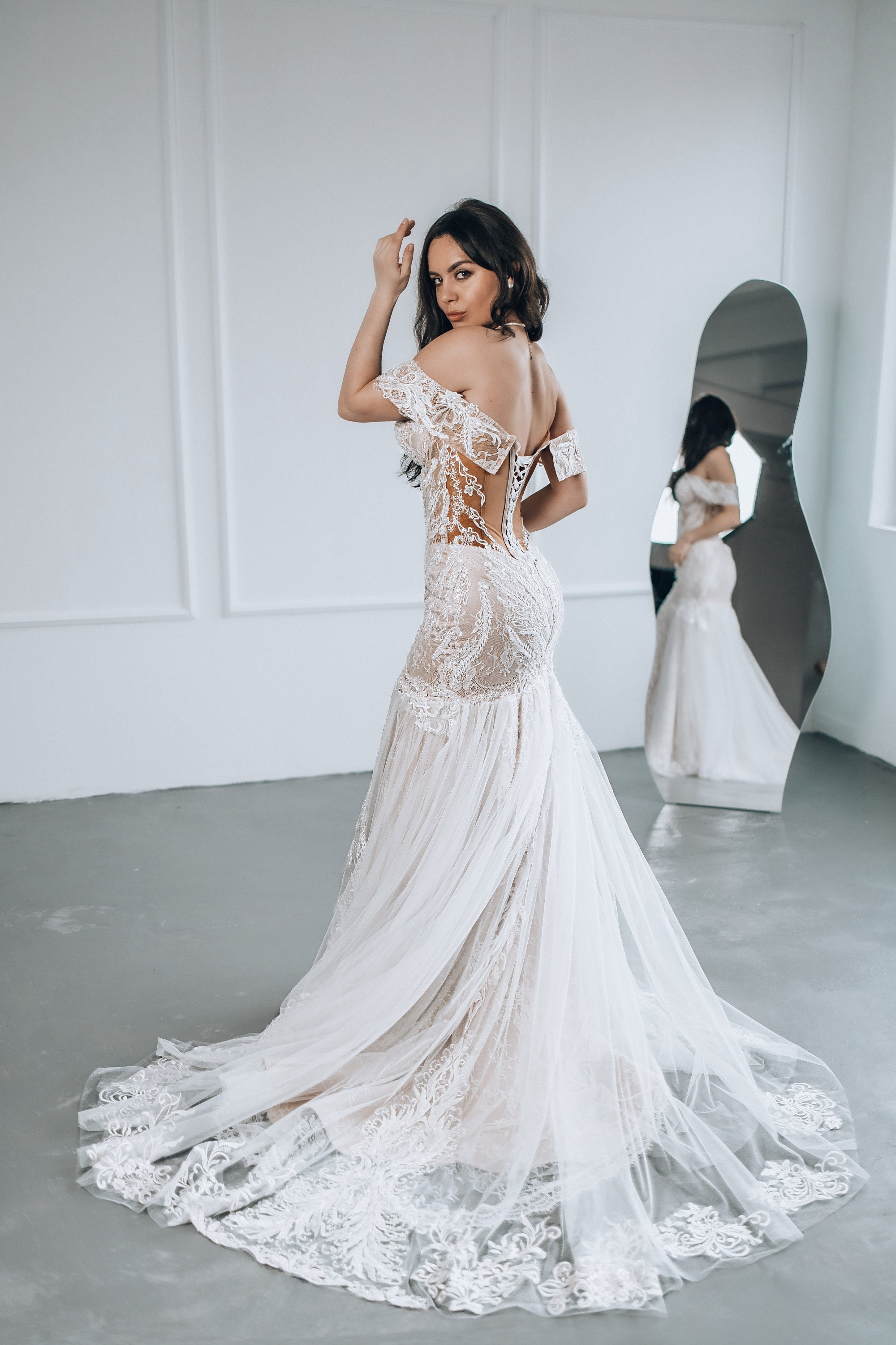 Bridal gown, Mermaid Wedding dress, Elegant Ivory Off-Shoulder Wedding Gown with Lace, Bead Embroidery - Luxurious Bridal Dress Long Train